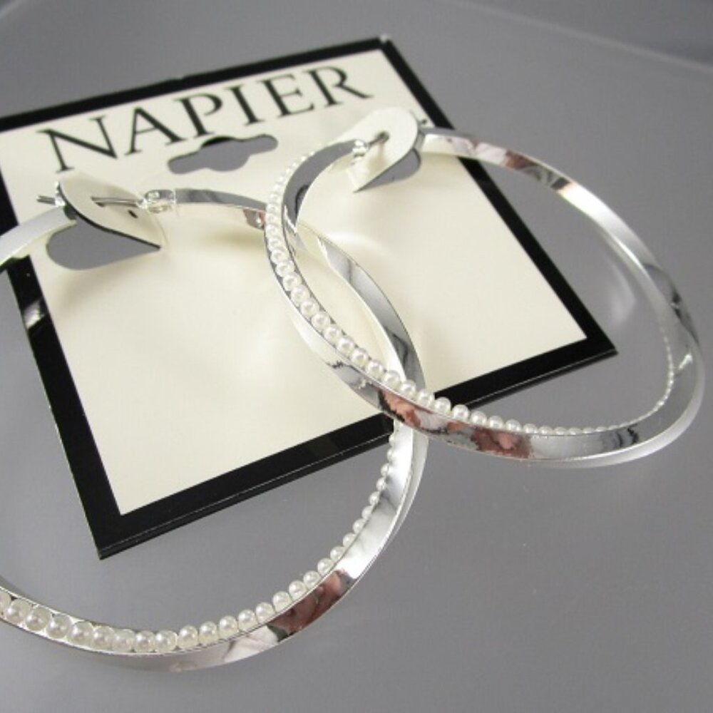 NAPIER Mod/Contemporary Twisted Silver White Pearl 1.85" Hoop Earrings**NEW! - Picture 3 of 3